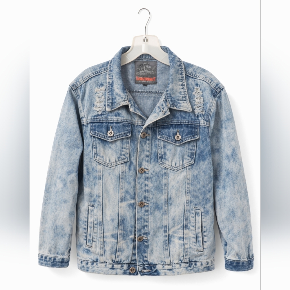 Men's Lion Dynasty Distressed Denim Jacket - Size Large